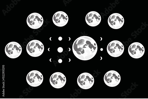 Full Moon Phases Illustration on Black Background - Lunar Cycle Artwork - Celestial Space Art for Astronomy Enthusiasts and Nature Lovers
