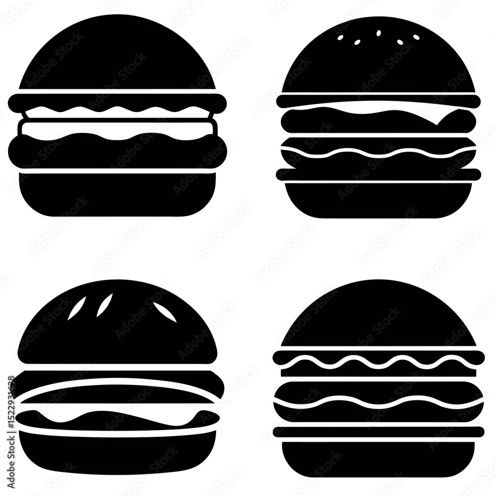 Fototapeta premium Black and White Displaying Four Different Stylized Hamburger Graphics on a White Background