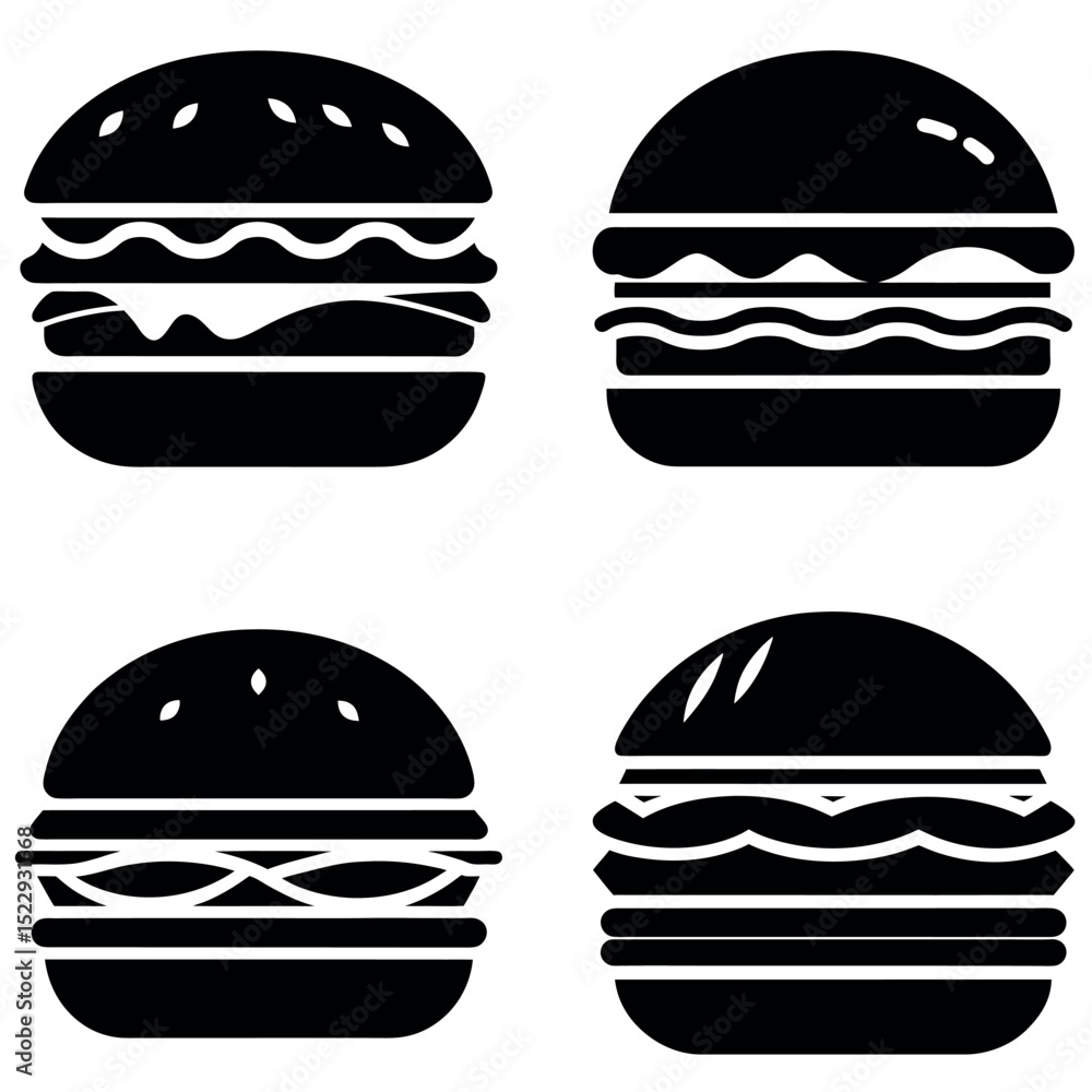 Fototapeta premium Four Black and White Burger Icons Featuring Different Fillings and Seeded Buns
