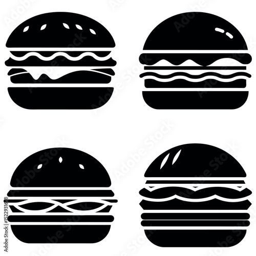 Four Black and White Burger Icons Featuring Different Fillings and Seeded Buns
