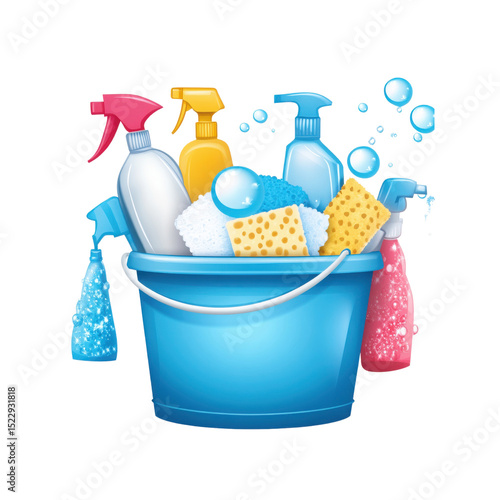 Household cleaning kit in a blue bucket with gloves, bottles, and scrub tools

