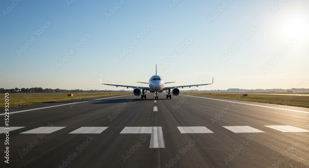 Obraz premium Airplane Taxiing Runway Horizon - Passenger airplane taxiing on runway, clear horizon, travel, journey, transportation. Symbolizes freedom, adventure, exploration, departure, arrival