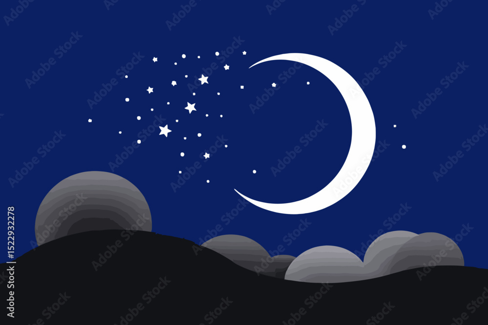 Naklejka premium Night Sky Illustration with Crescent Moon and Stars- Peaceful Night Scene- Dark Background with Celestial Elements- Modern Nighttime Art Design