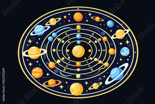 Solar System Illustration-Planets Orbiting the Sun-Astronomy and Space Exploration-Colorful Celestial Bodies-Educational and Decorative Design