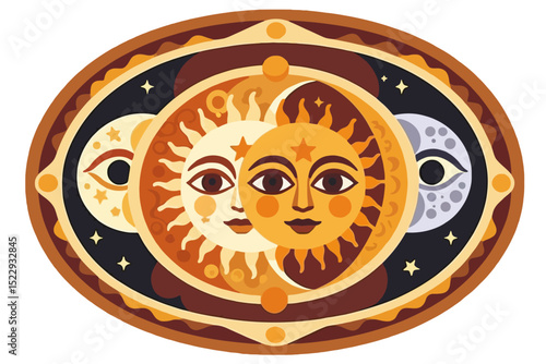 Sun and Moon Celestial Art-Aesthetic Boho Illustration with Stars-Astrology Inspired Design-Spiritual Sun Moon Face Illustration-Occult Artwork