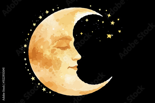 Watercolor Crescent Moon Face Illustration - Dreamy Celestial Art with Stars on Dark Background - Night Sky Moon Phase Artwork for Wall Decor and Graphic Design Projects