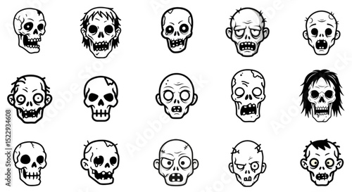  Zombie cartoon skull icons collection – hand drawn creepy undead faces set