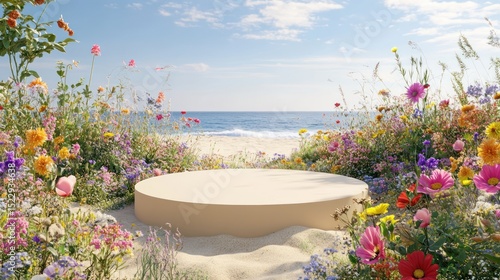 Beige platform surrounded by colorful wildflowers on a sandy beach.