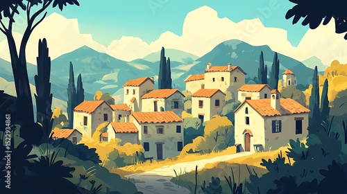 A picturesque village nestled in a valley, bathed in sunlight.
