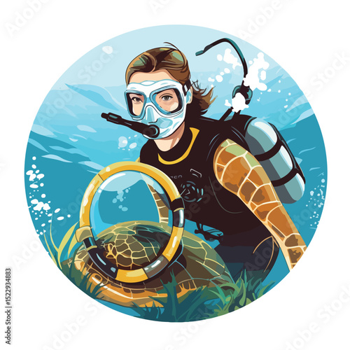 Professional diver woman diving alongside a giant sea turtle, undersea adventure concept illustration