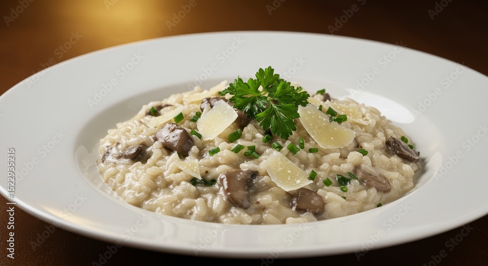 Creamy Truffle Mushroom Risotto with Parmesan - Indulgent creamy risotto, earthy truffle mushrooms, sharp parmesan, fresh herbs. Represents luxury, comfort, gourmet, Italian cuisine, fine dining Creamy Truffle Mushroom Risotto with Parmesan - Indulgent creamy risotto, earthy truffle mushrooms, sharp parmesan, fresh herbs. Represents luxury, comfort, gourmet, Italian cuisine, fine dining