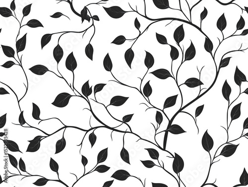 A seamless pattern featuring elegant black leaves and intertwining vines on a clean white background, creating a sophisticated botanical design.