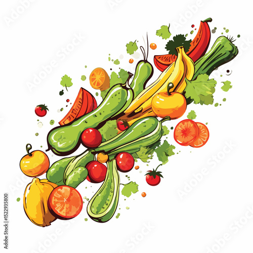 Professional Vector Illustration of Colorful Vegetables and Fruits Falling in a Hand-Drawn Style