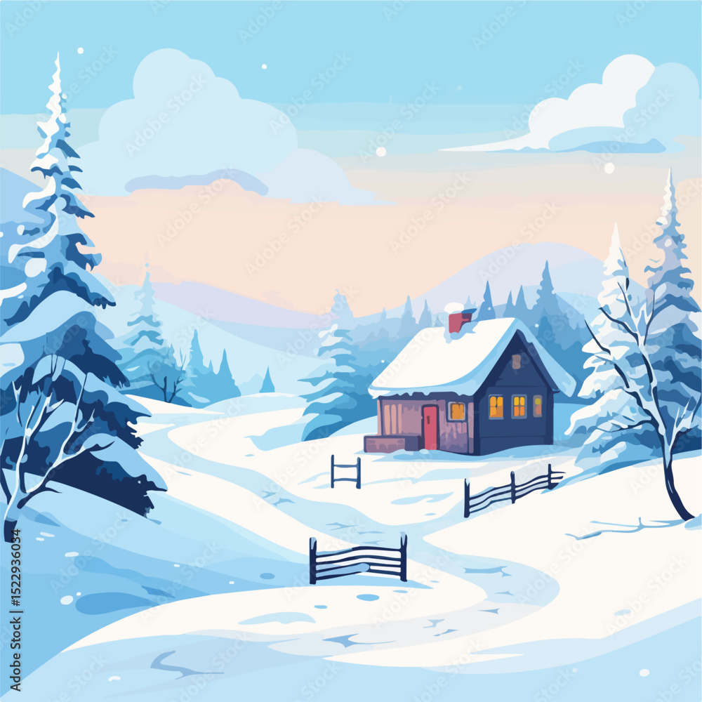 Fototapeta premium Scenic Winter Snowscape Scene with Cozy House Vector Illustration for Creative Designs