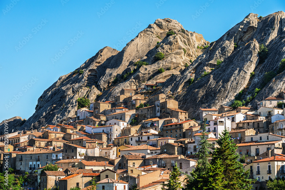 Obraz premium front view of the village of Castelmezzano from the Pietrapertosa Saracen Castle, Dolomiti Lucane, Potenza province, Basilicata