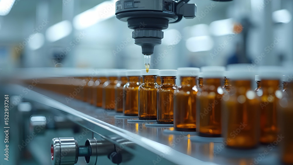 Photorealistic Robotic Dropper Dispensing Liquid into Amber Bottles on Conveyor Photorealistic Robotic Dropper Dispensing Liquid into Amber Bottles on Conveyor