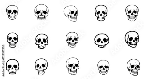 Hand drawn human skull icons collection – black and white cartoon skull illustrations set