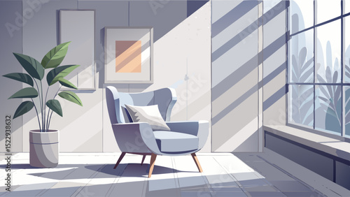 Light gray shadows accent the crisp white walls and floor. The modern armchair rests peacefully in a quiet corner. Calm, texture, softness, and harmony meet in subtle luxury.

