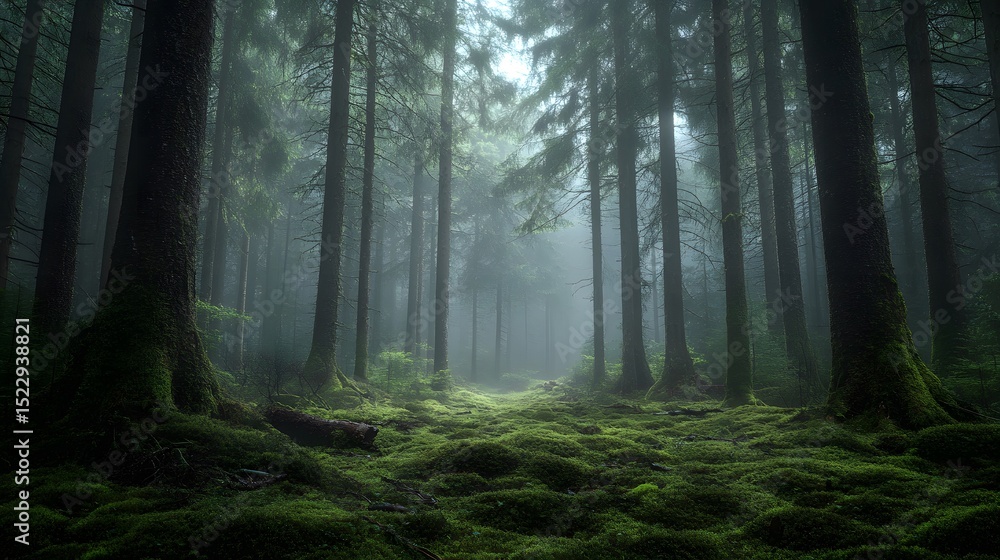 Fototapeta premium Secluded Forest Panorama: A Detailed View of Towering Trees and Mist-Clad Ground in a Tranquil, Enigmatic Setting