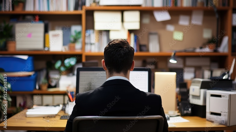 Manager in office workspace, back view, depicting administrative duties.