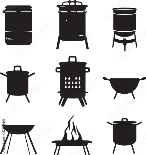 Stewpot on stove. Cartoon pot or pan food icon or pictogram. Cooking gas, picnic or eating logo or symbol. Vector cookware or kitchen food menu. Restaurant dinner idea.