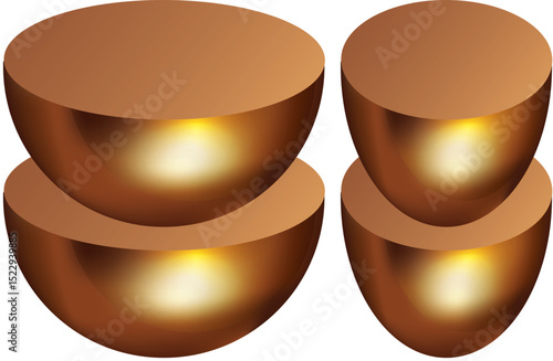A Modern 3D Isometric Illustration of Four Polished Copper or Bronze Half-Spheres Arranged in Pairs, Creating a Sense of Balance and Abstract Form