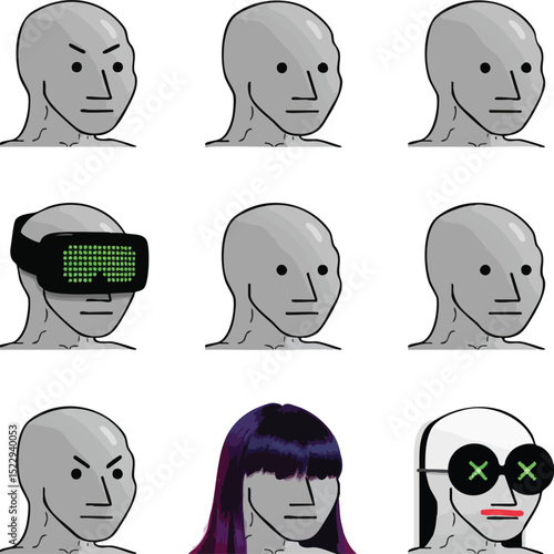 Meme illustration depicting multiple npc faces displaying a range of expressions and modifications.
