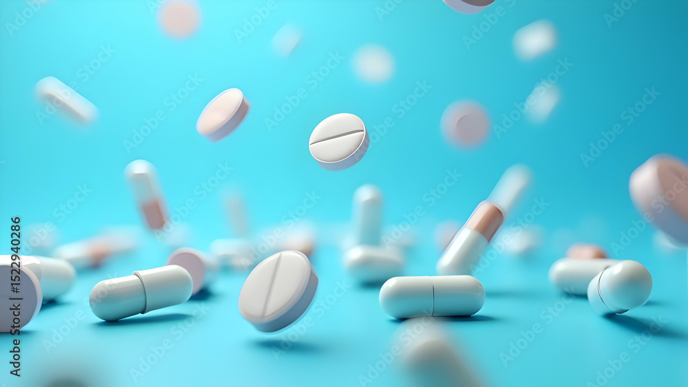 Photorealistic Random Scatter Capsules Floating on Blue for Medication Variety Photorealistic Random Scatter Capsules Floating on Blue for Medication Variety