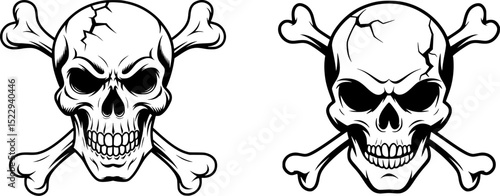 Black and White Gothic Skull and Crossbones Vector – Creepy Pirate Symbol with Cracked Skull and Sharp Teeth – Tattoo, Rock Band, and T-Shirt Design – Transparent Background