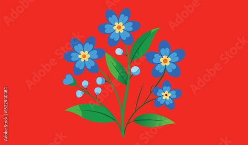 Stylized blue forget me not flowers on red