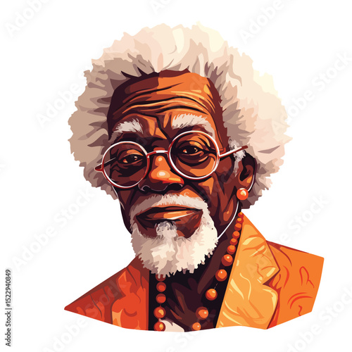 Elderly African American Man with Afro and Cane in Vector Illustration