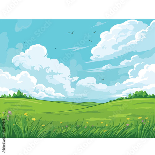 Vibrant Grass and Sky Landscape Cartoon Vector Illustration for Design Projects