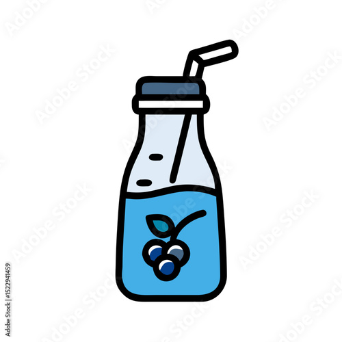 Glass bottle with blue berry smoothie and straw  