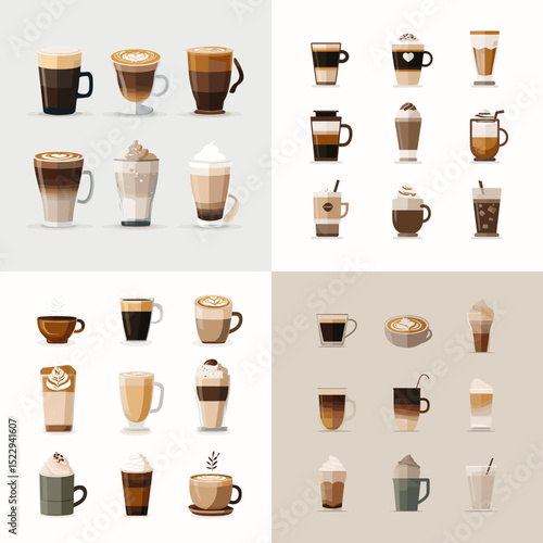 Vector illustration set of various coffee drinks including latte, cappuccino, espresso, and mocha served in different glass styles, isolated on white background.

