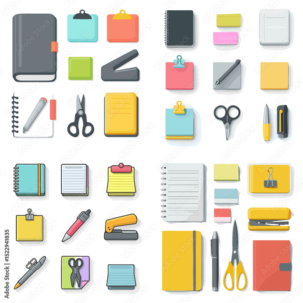 Flat vector of stationery items including notebooks, pens, scissors, sticky notes, and paper clips deal for office, school, or productivity designs.
Flat vector of stationery items including notebooks, pens, scissors, sticky notes, and paper clips deal for office, school, or productivity designs.