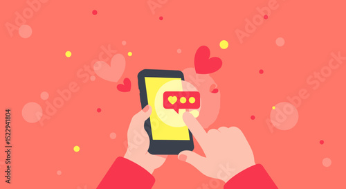 Smartphone Displaying Love Message with Hearts and Dots, Touching Screen