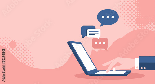 Stylized Laptop with Chat Bubbles and Hand Typing on the Keyboard