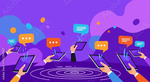 Colorful Digital Communication Network of Hands Holding Devices
