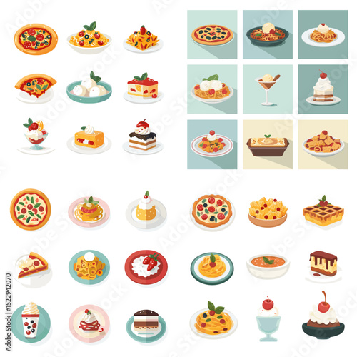 Delicious vector of Italian dishes and desserts including pizza, pasta, tiramisu, gelato, and panna cotta, perfect for restaurant menus and food content.

