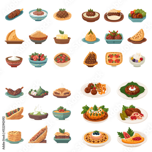 Traditional Middle Eastern food illustration including hummus, falafel, kebab, dolma, tabbouleh, and flatbread, ideal for cultural culinary designs and food content.

