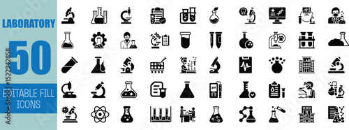 Fifty editable fill icons for laboratory science research