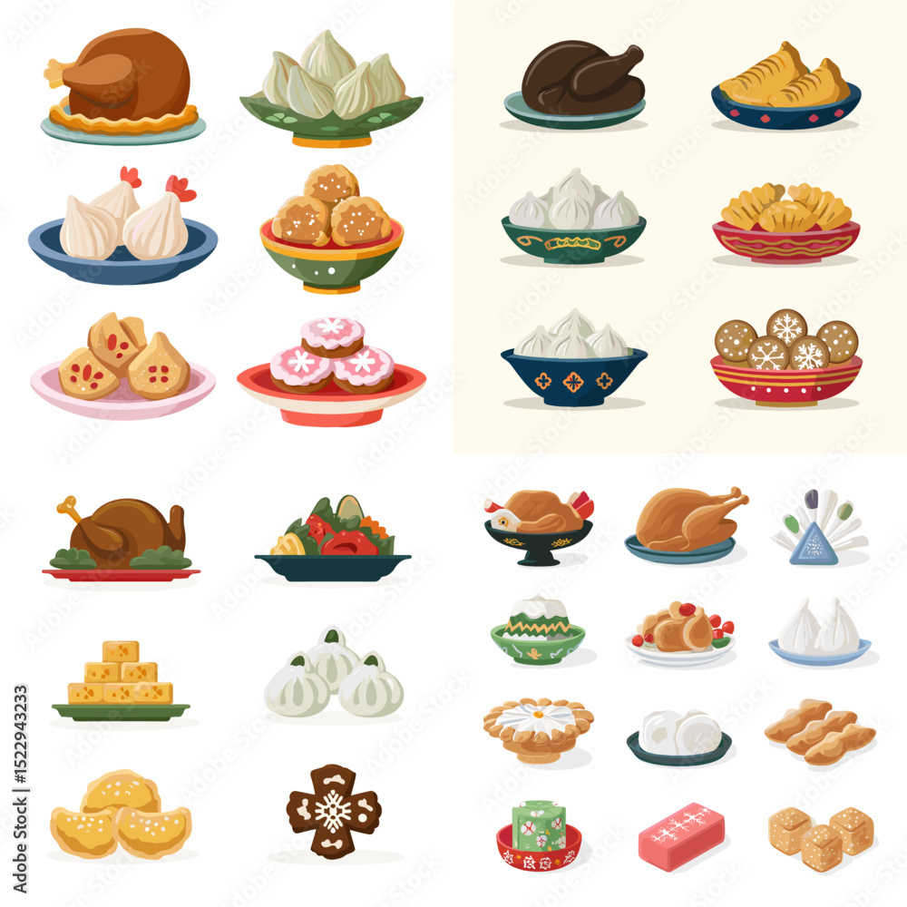 Delicious traditional Asian food vector set with dumplings, roasted chicken, rice cakes, buns, and desserts perfect for culinary projects and menu visuals.
Delicious traditional Asian food vector set with dumplings, roasted chicken, rice cakes, buns, and desserts perfect for culinary projects and menu visuals.