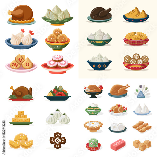 Delicious traditional Asian food vector set with dumplings, roasted chicken, rice cakes, buns, and desserts perfect for culinary projects and menu visuals.


