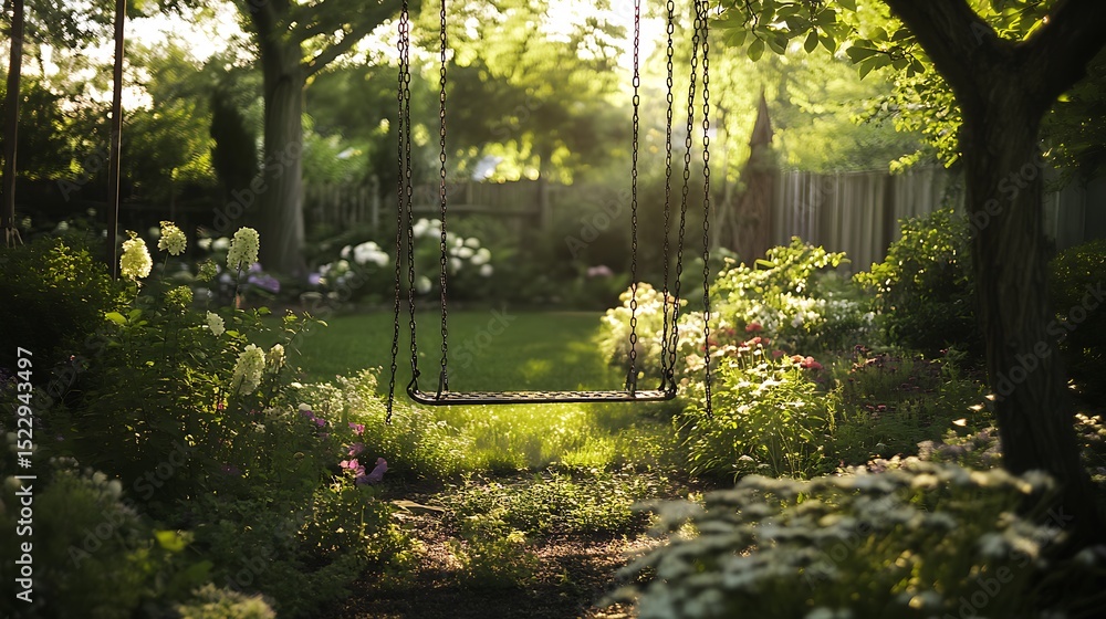 Fototapeta premium Empty Garden Swing Beneath Summer Sunlight