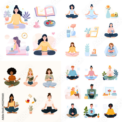 Peaceful vector illustrations of people meditating, journaling, reading, and practicing mindfulness in relaxing and cozy environments.

