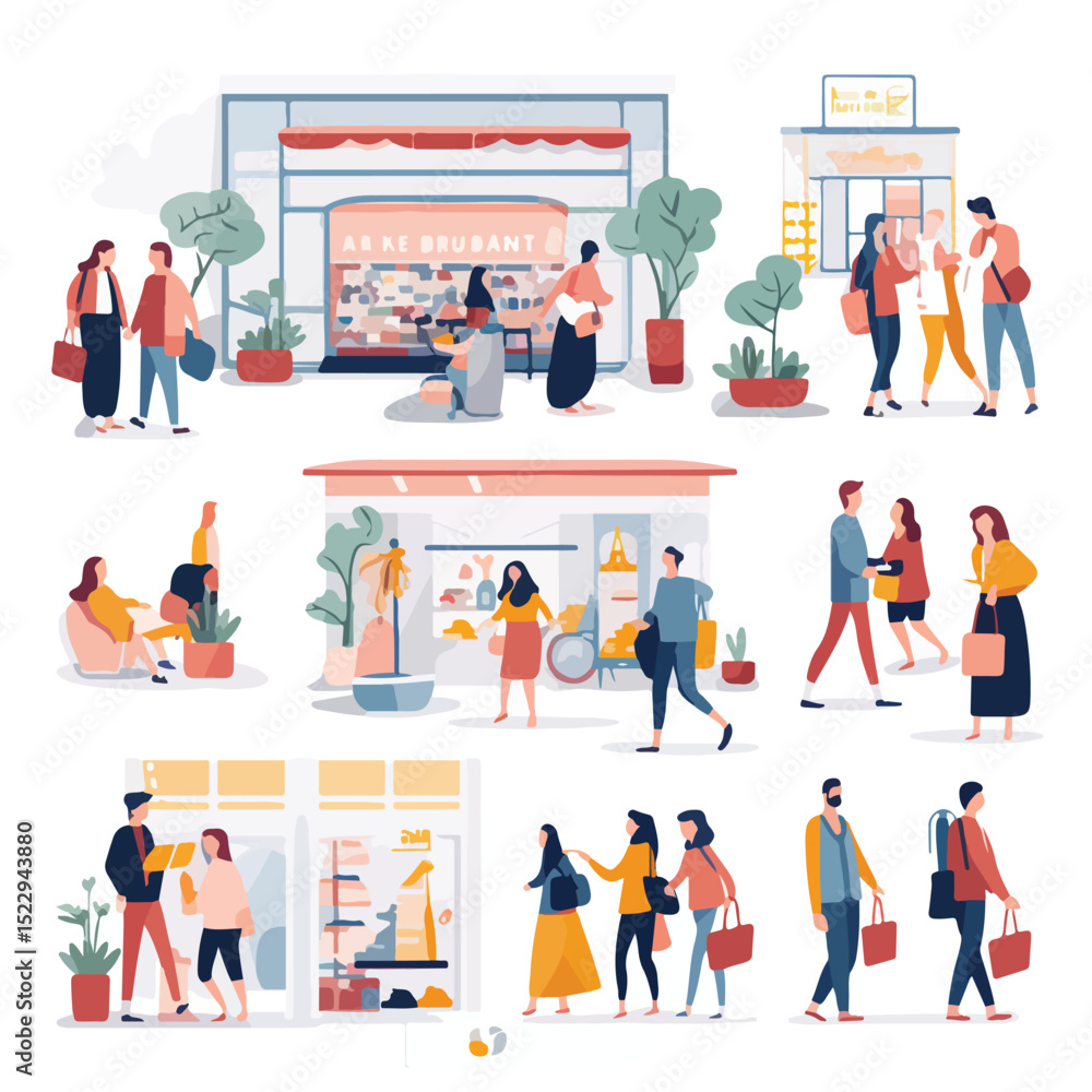 Naklejka premium Illustration of Diverse People Shopping at a Mall, Isolated on White Background