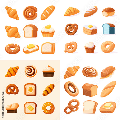 Delicious 3D icon collection of bakery items including croissants, toast, pretzels, muffins, and buns in warm, golden tones and soft shading.

