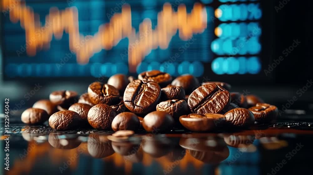 custom made wallpaper toronto digitalRoasted coffee beans on a reflective surface with a stock market graph in the background.