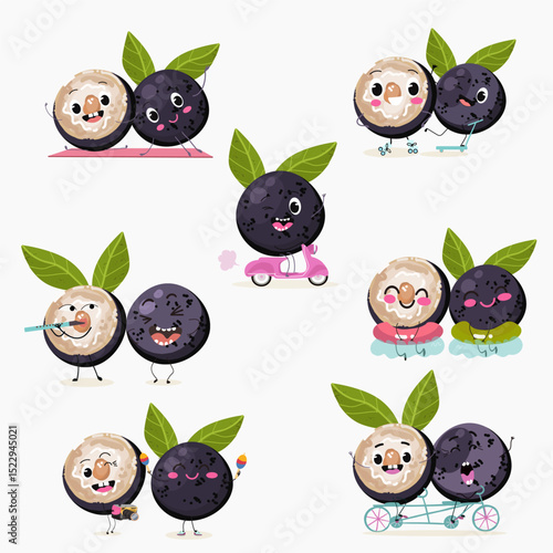 jaboticaba fruit cute funny cheerful characters. Vector hand drawn  illistration.