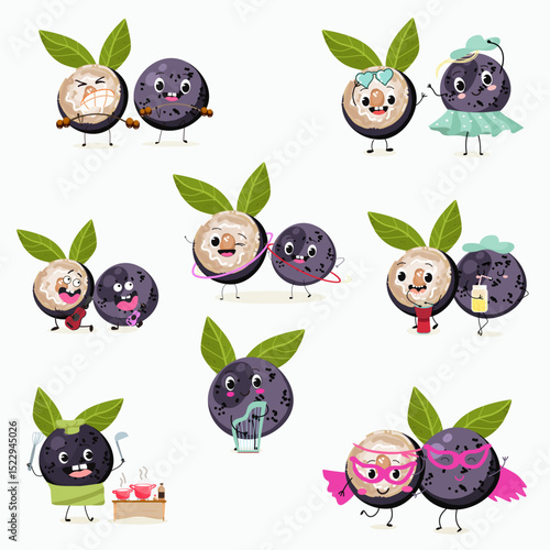 jaboticaba fruit cute funny cheerful characters. Vector hand drawn  illistration.